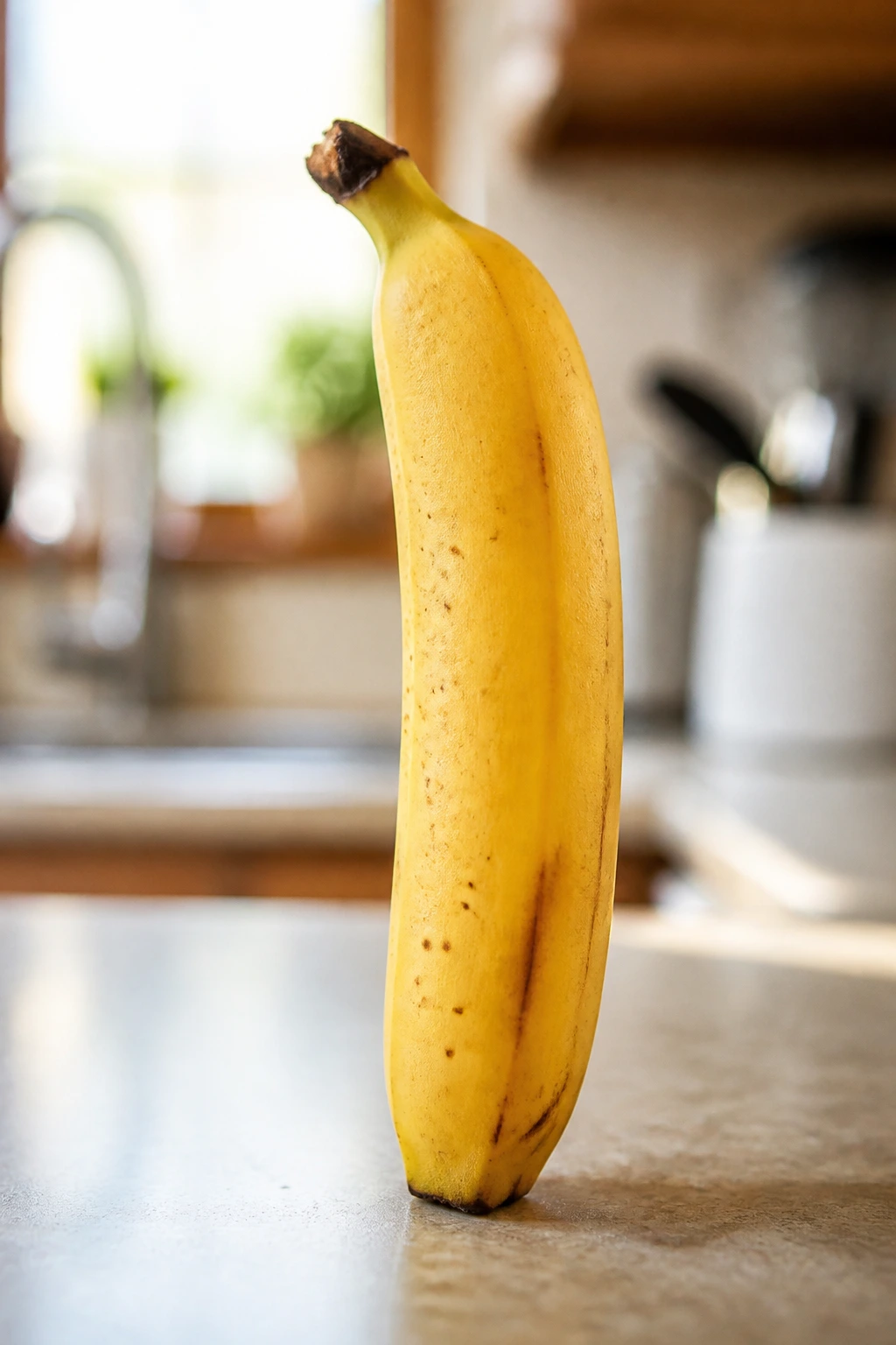 Close-up of a single ripe banana on a kitchen counter