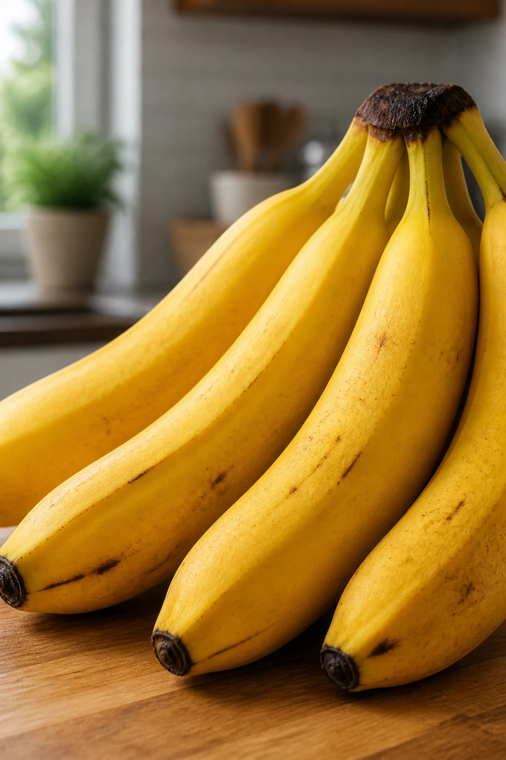 Bananas and Nausea: Do Bananas Cause Mucus? 1 Close-up of a ripe banana bunch filling the frame on a wooden kitchen counter with natural light.