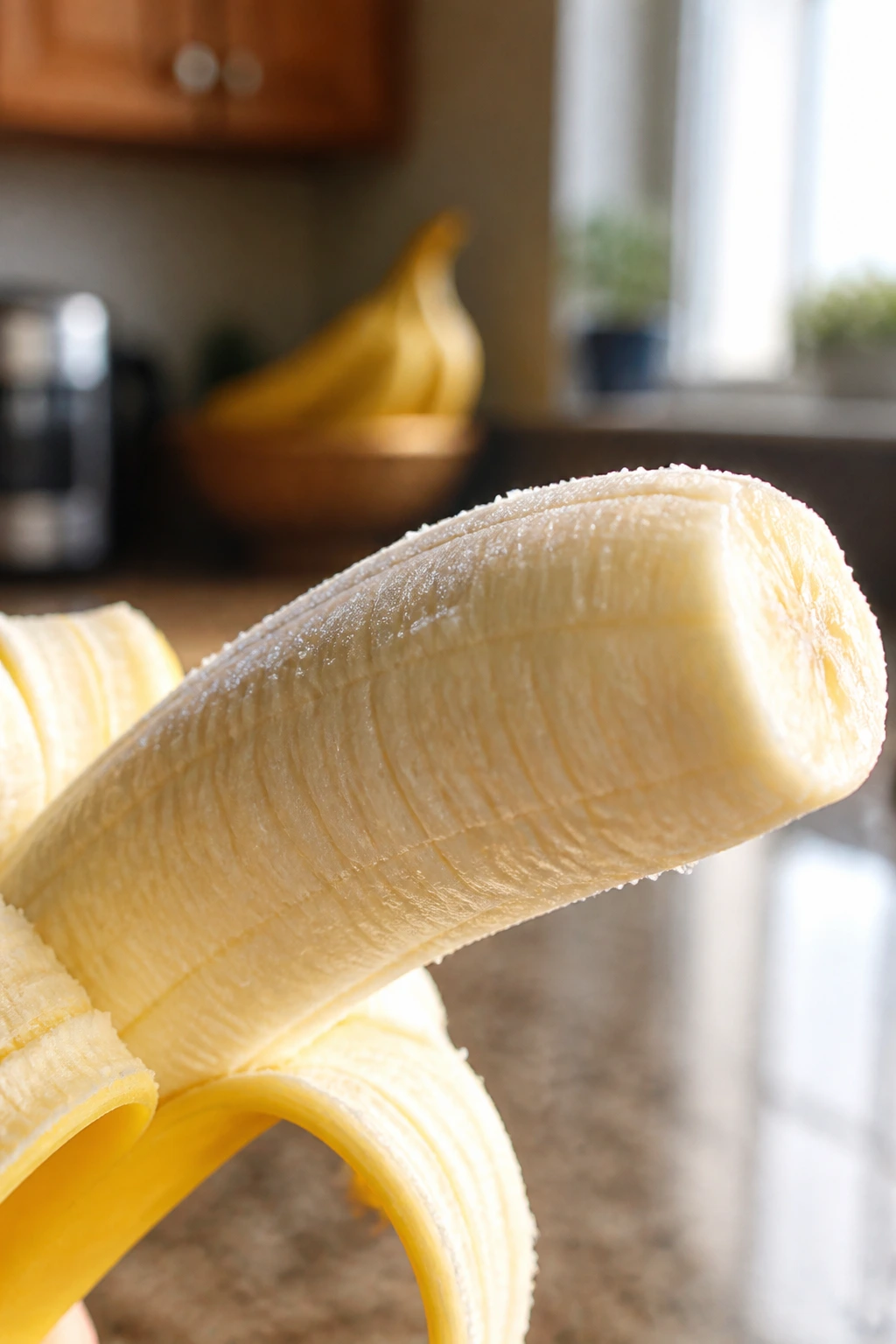 Bananas close-up on a warm kitchen counter, peeled banana filling the frame