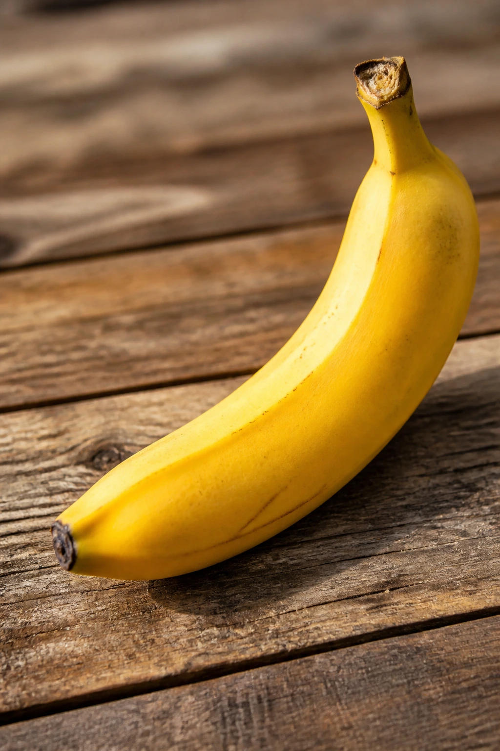 Close-up of a single banana on a wooden surface