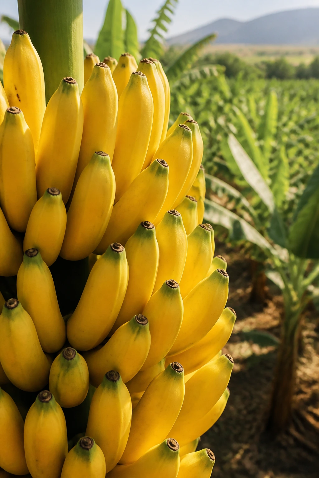 Banana bunch with plantation rows in background
