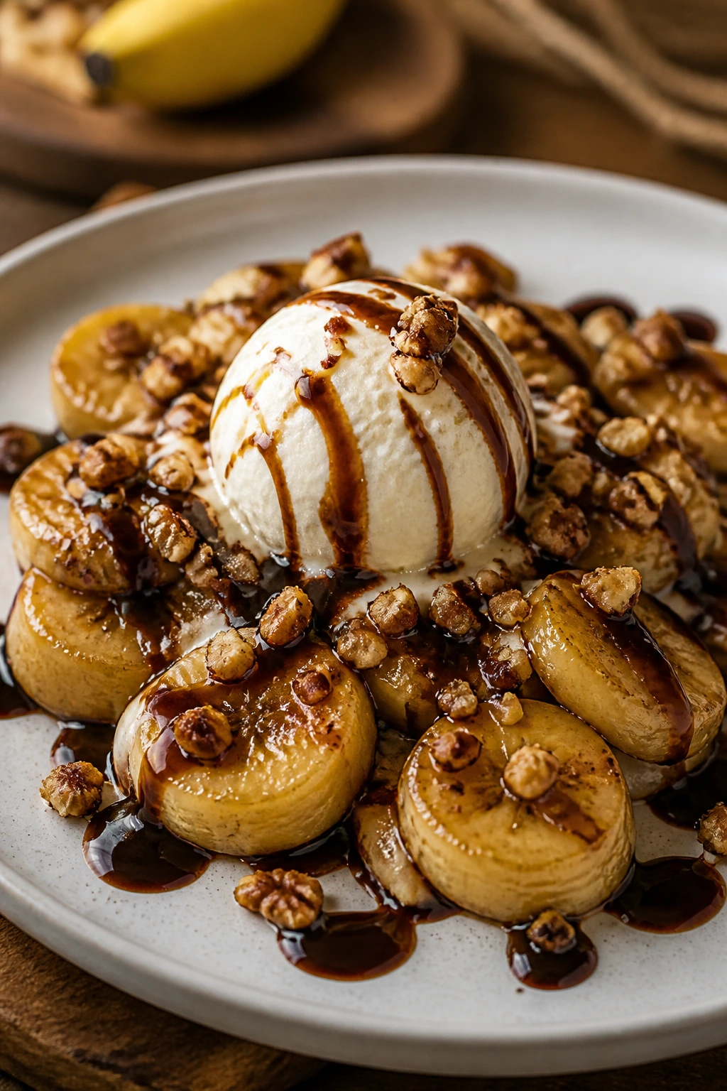 Can You Microwave a Banana? What Happens If You Microwave It? 4 Plate with microwaved banana dessert topped with ice cream and chocolate