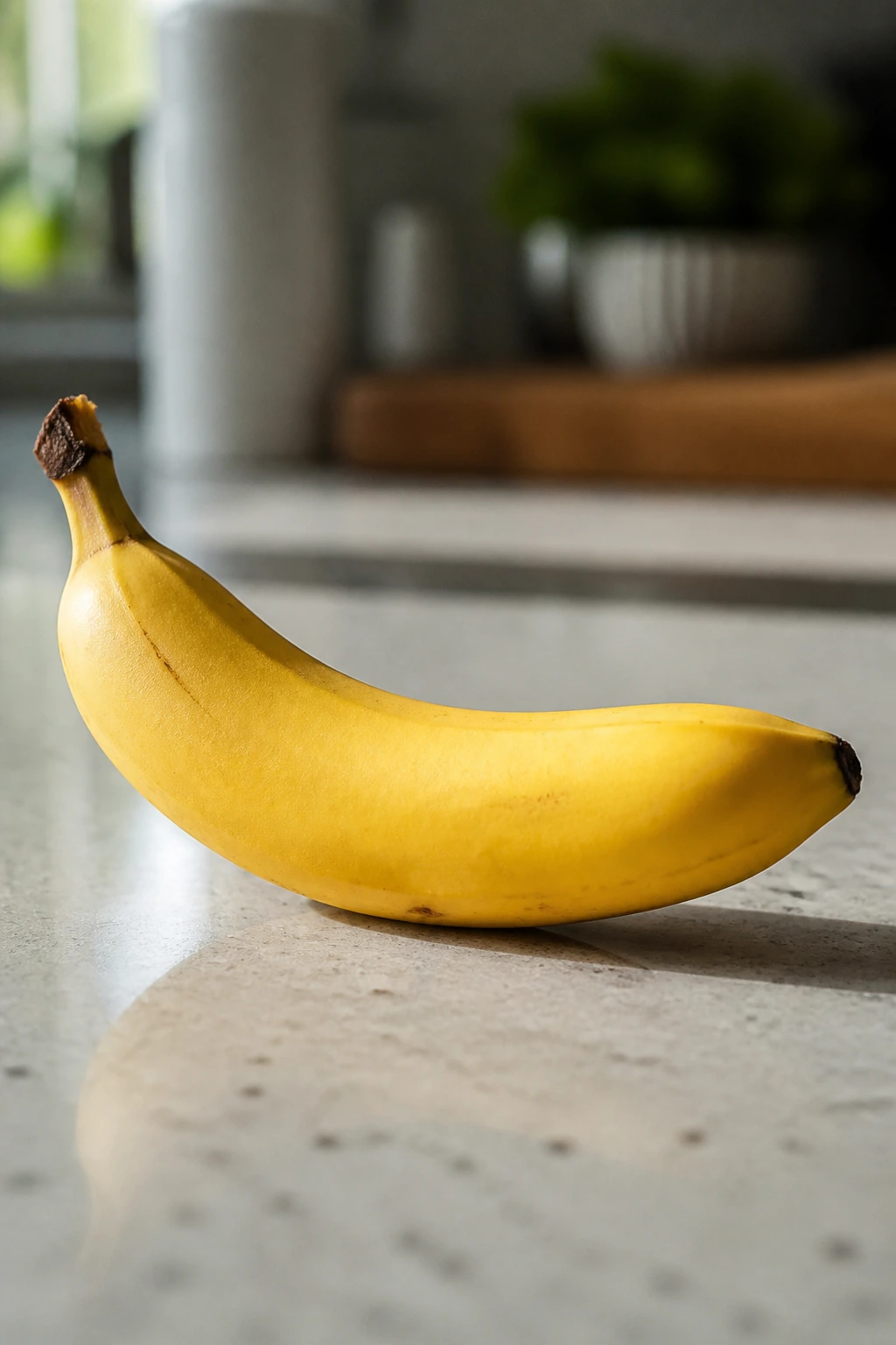 Close-up of a banana on a blurred kitchen counter