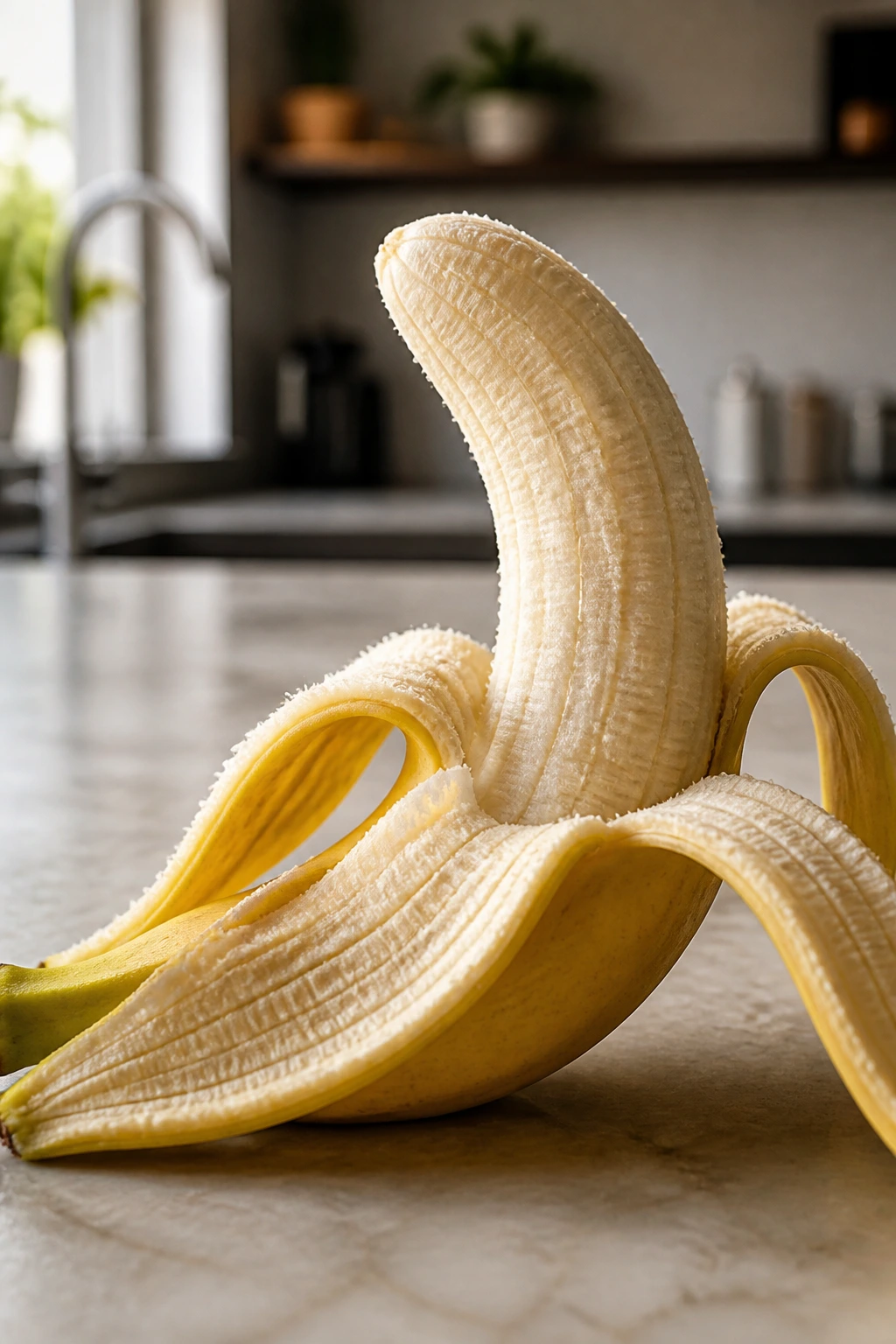 Peeled banana on a blurred kitchen background