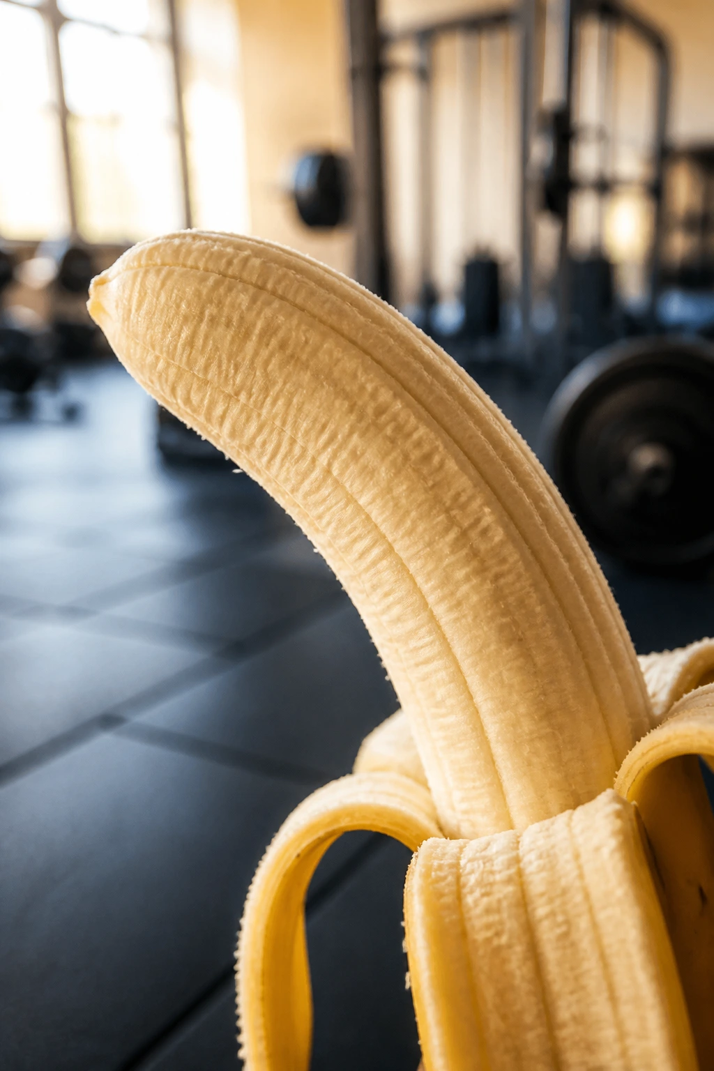 Close-up of a peeled banana with curved shape against a blurred gym background