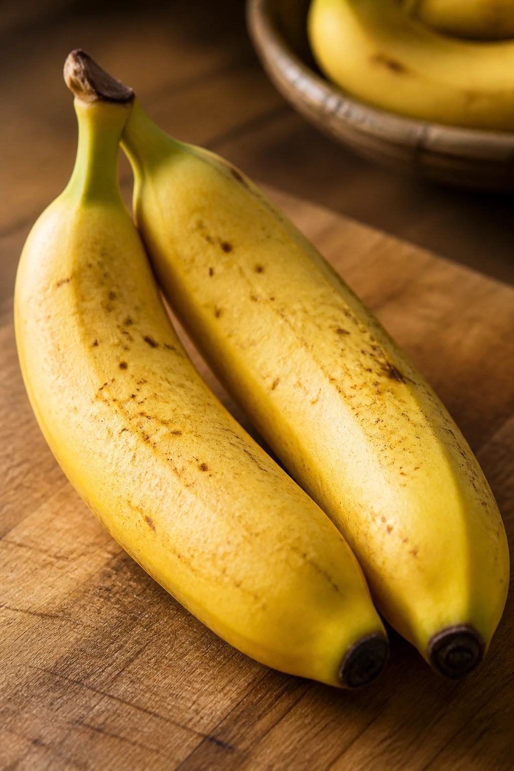 The Fiber in Banana vs Apple: Which Has More Fiber? 4 Two ripe bananas filling the frame on a wooden counter