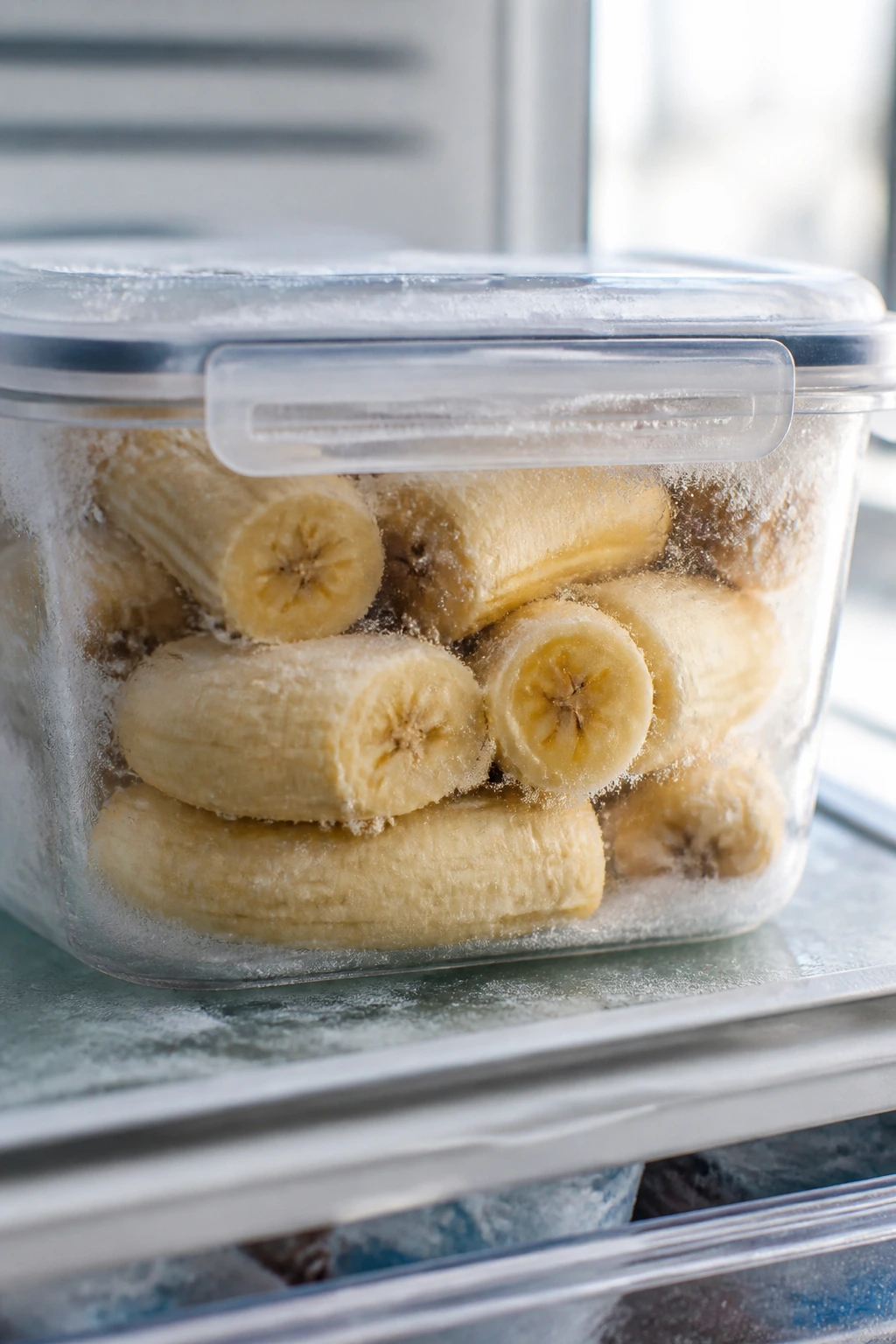 How Long Are Frozen Bananas Good For? All You Need To Know 4 Bananas stored in an airtight freezer container with frost in a cold kitchen.