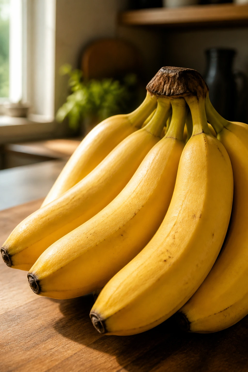 Close-up of ripe bananas on a wooden kitchen counter