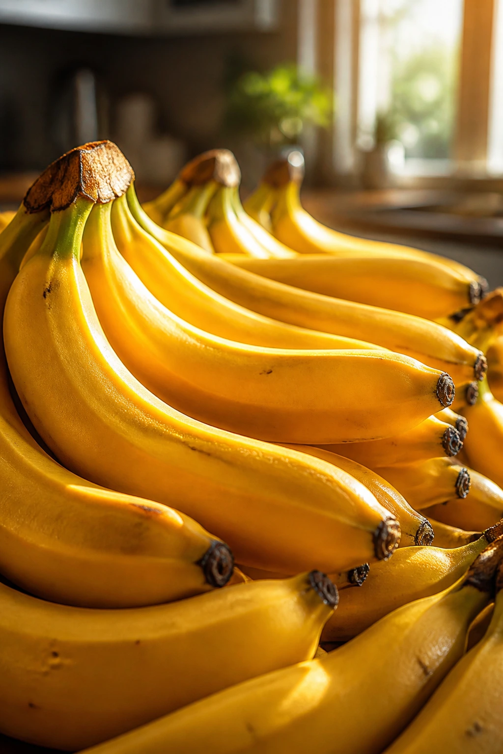 Why Are Bananas So Sweet And Delicious? 8 Vibrant bunch of ripe bananas filling the frame in a sunlit kitchen
