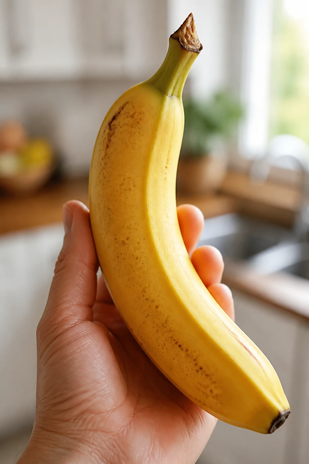 Close-up of a single ripe banana held in a real hand in a bright kitchen
