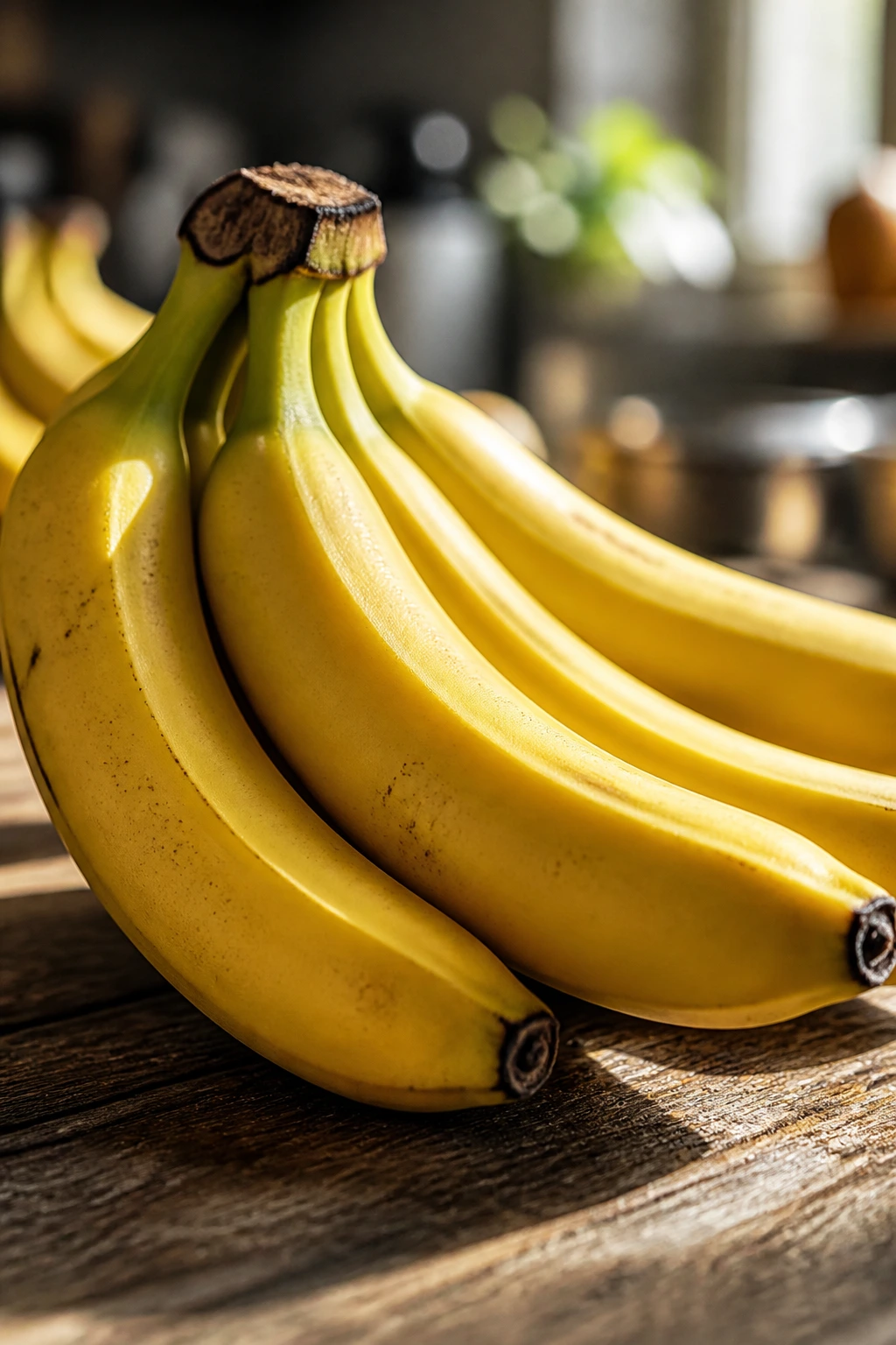 Close-up of a bunch of ripe bananas on a wooden kitchen counter with warm light