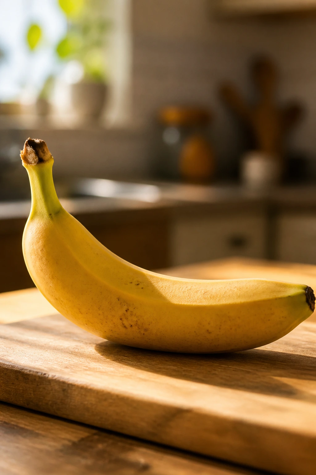 Can Diabetics Eat Bananas? Benefits, Nutrition Value, & Tips 3 Close-up of a ripe banana on a cutting board in a cozy kitchen