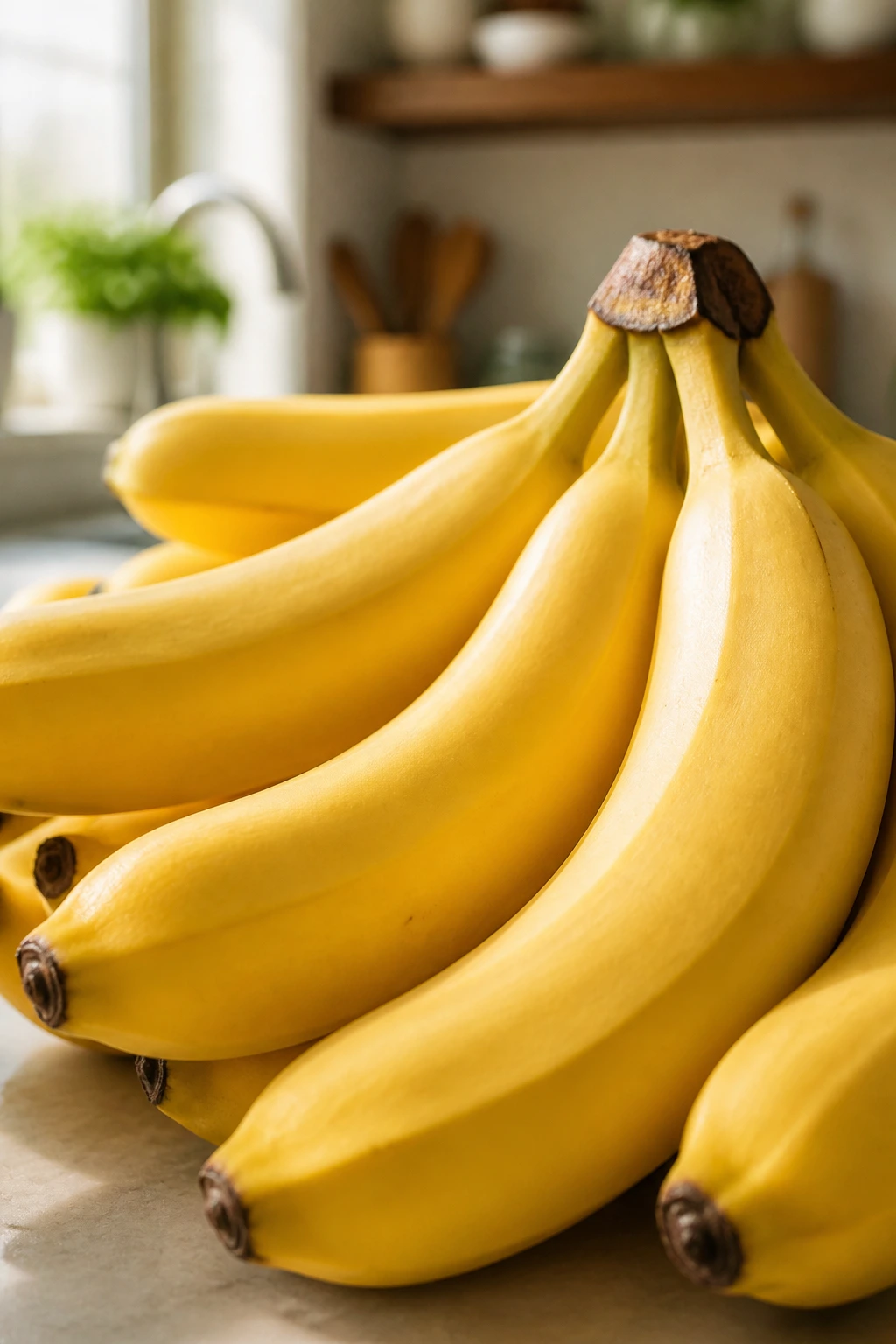 Gout Management: Are Bananas Good For Gout? 4 Bright bunch of bananas on a sunlit kitchen counter