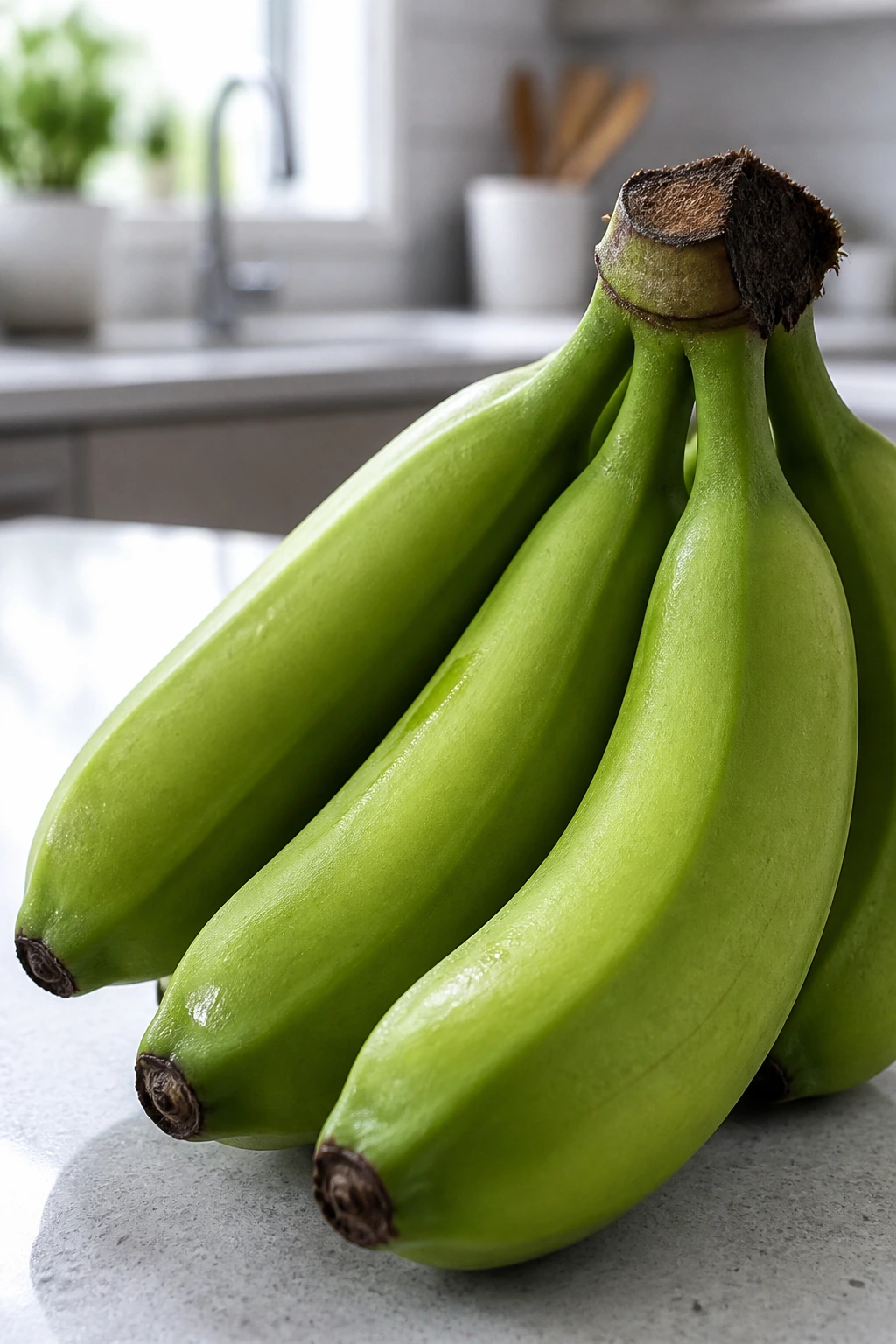 Close-up of a small bunch of green bananas on a bright kitchen counter