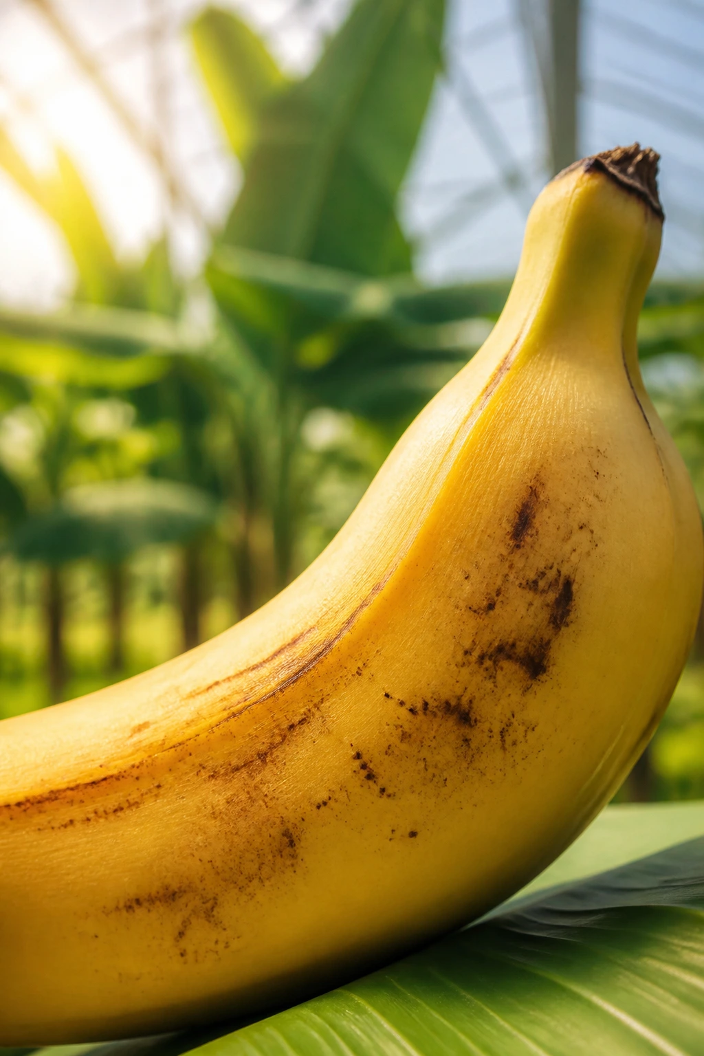 Why Are Bananas So Sweet And Delicious? 10 Close-up of a ripe banana with brown spots in a greenhouse