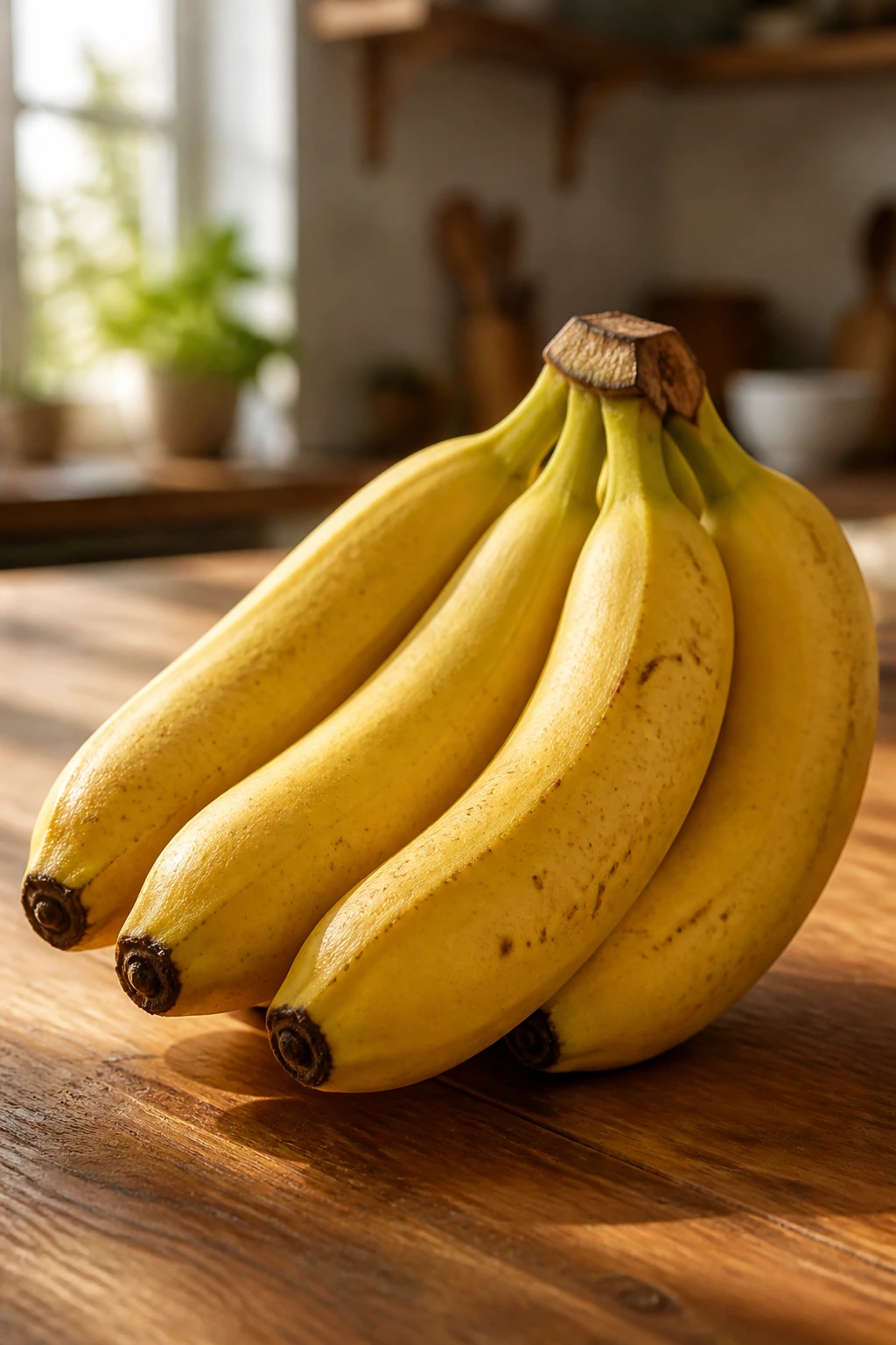 Are Bananas Good For Your Gums? 1 Close-up of ripe bananas on a wooden kitchen counter.