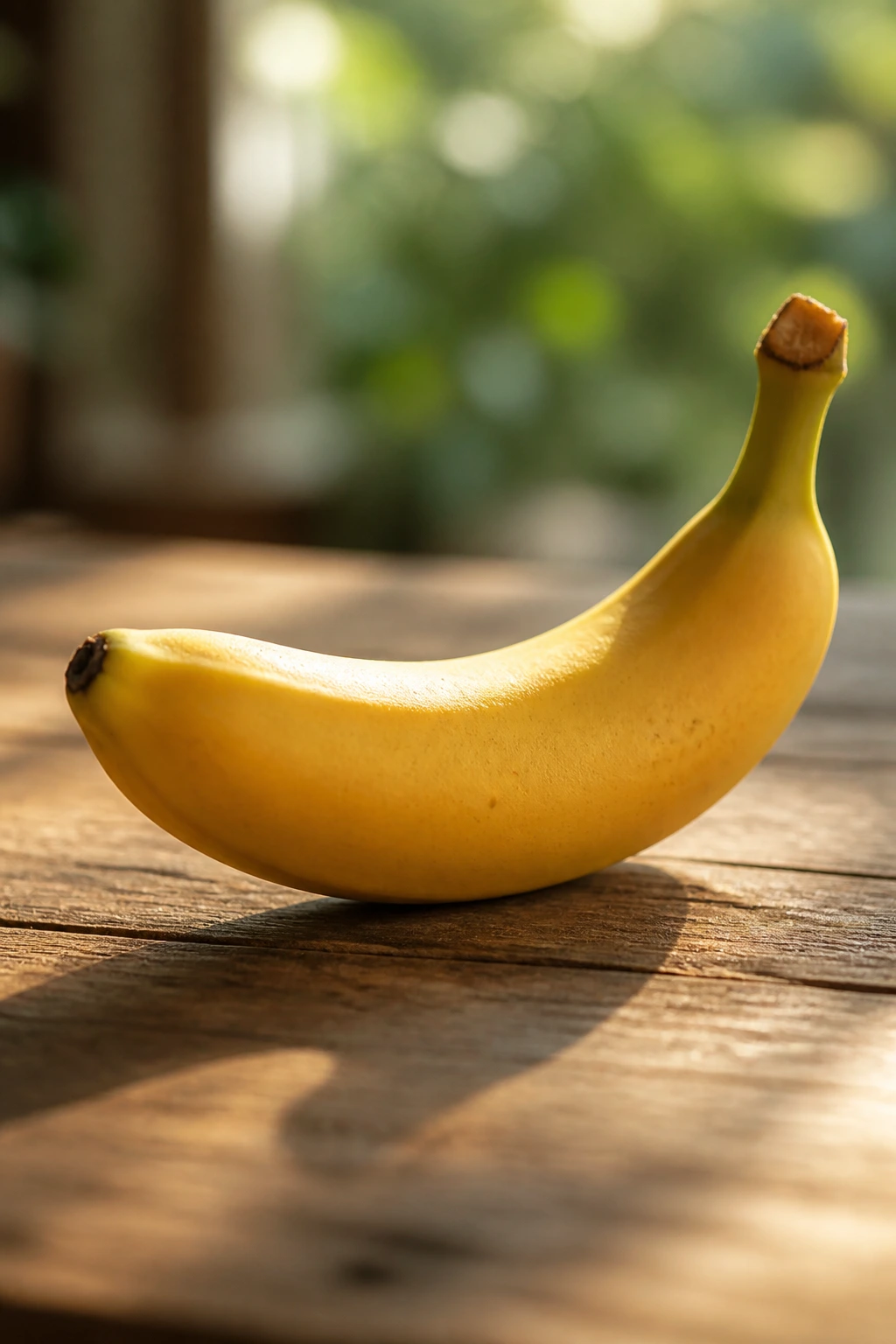 Can Diabetics Eat Bananas? Benefits, Nutrition Value, & Tips 4 Close-up of a yellow banana on a rustic table with morning light