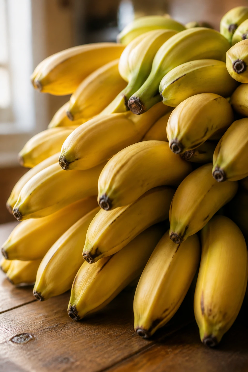 Close-up of ripe bananas on a rustic wooden kitchen counter