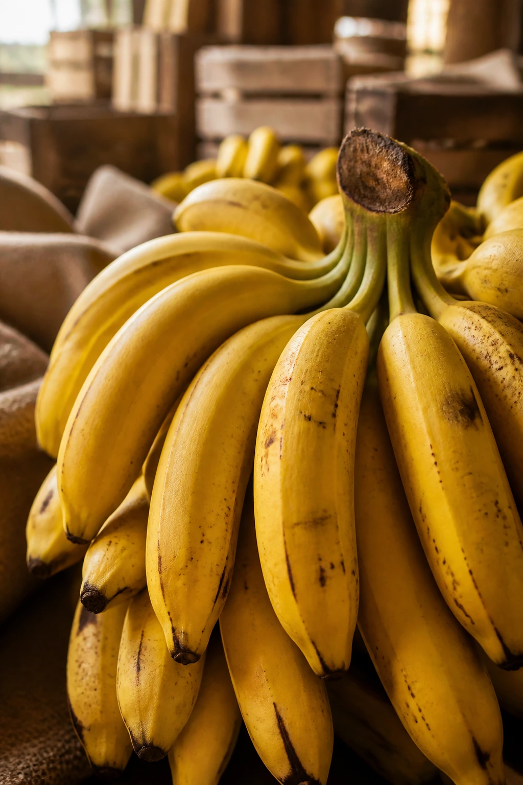 Close-up of ripe banana bunch with historical trade backdrop
