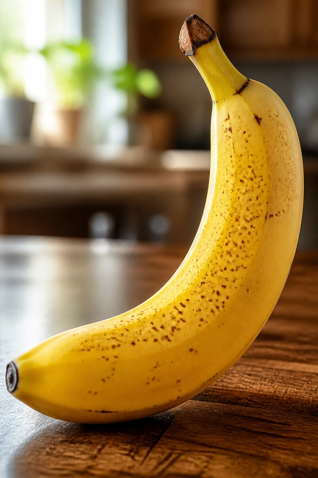 IBS Relief: Are Bananas Good For IBS? 1 Close-up of a ripe banana on a wooden counter with natural window light