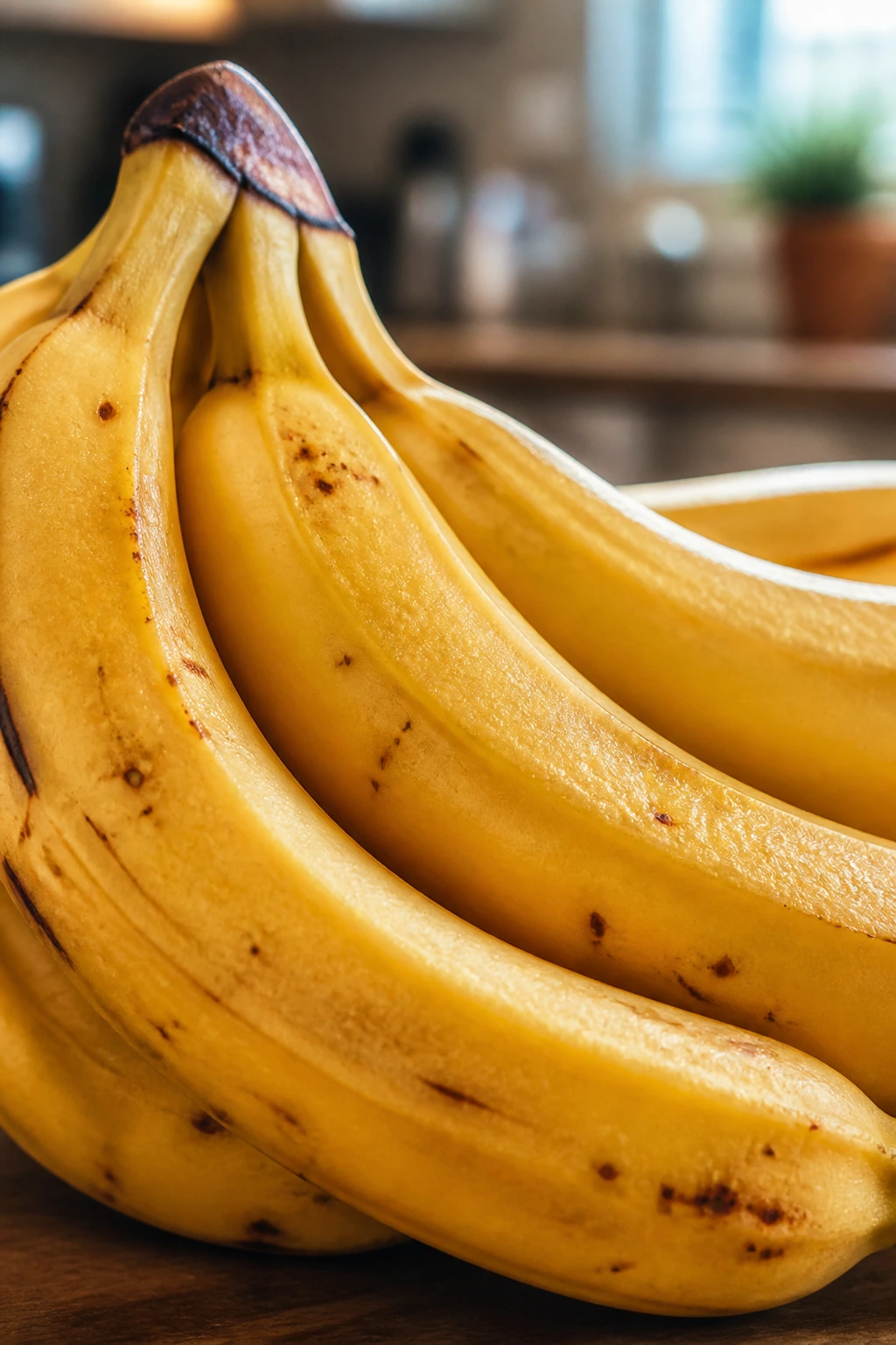 Close-up of a bunch of bananas in a warm kitchen setting