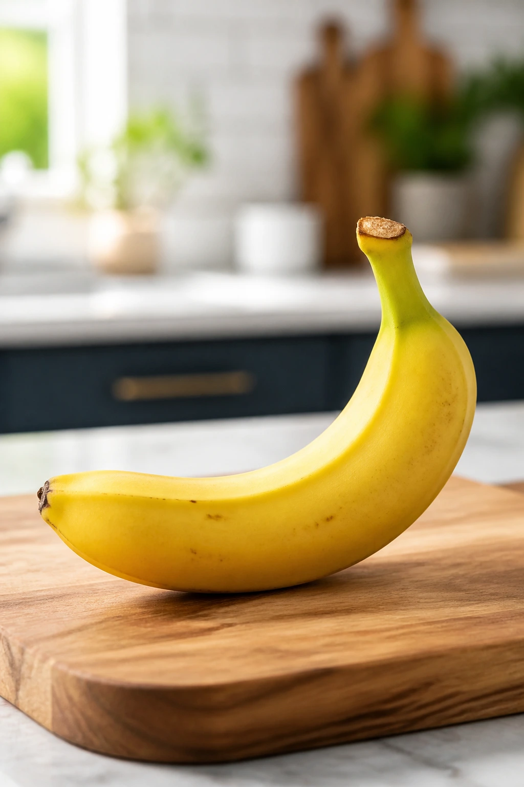 Single banana on a wooden cutting board in a bright kitchen