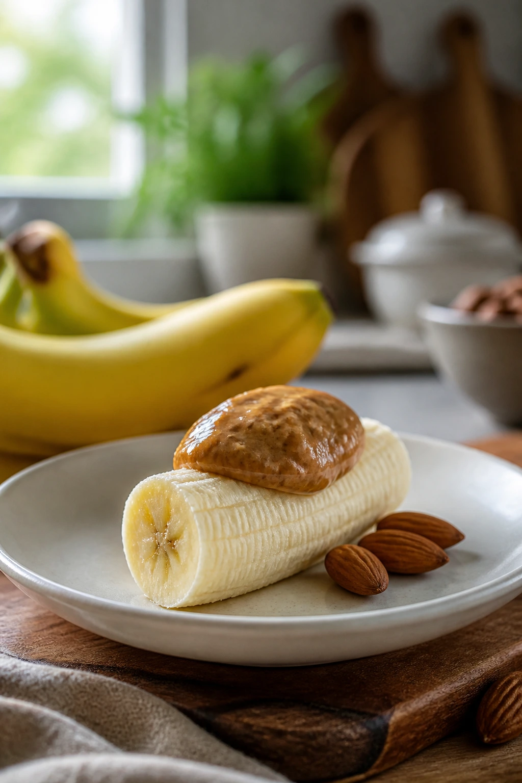 Banana half with almond butter on a small plate in a kitchen