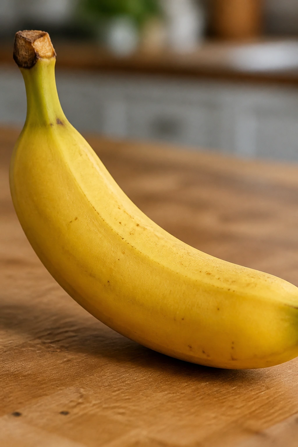 Close-up of a single ripe banana on a wooden counter