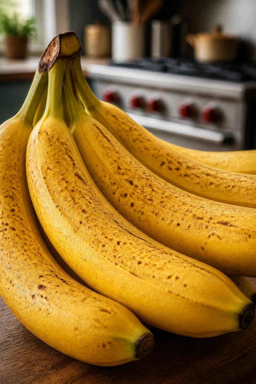 Close-up of a ripe banana bunch on a wooden kitchen counter, showing yellow skins and texture.