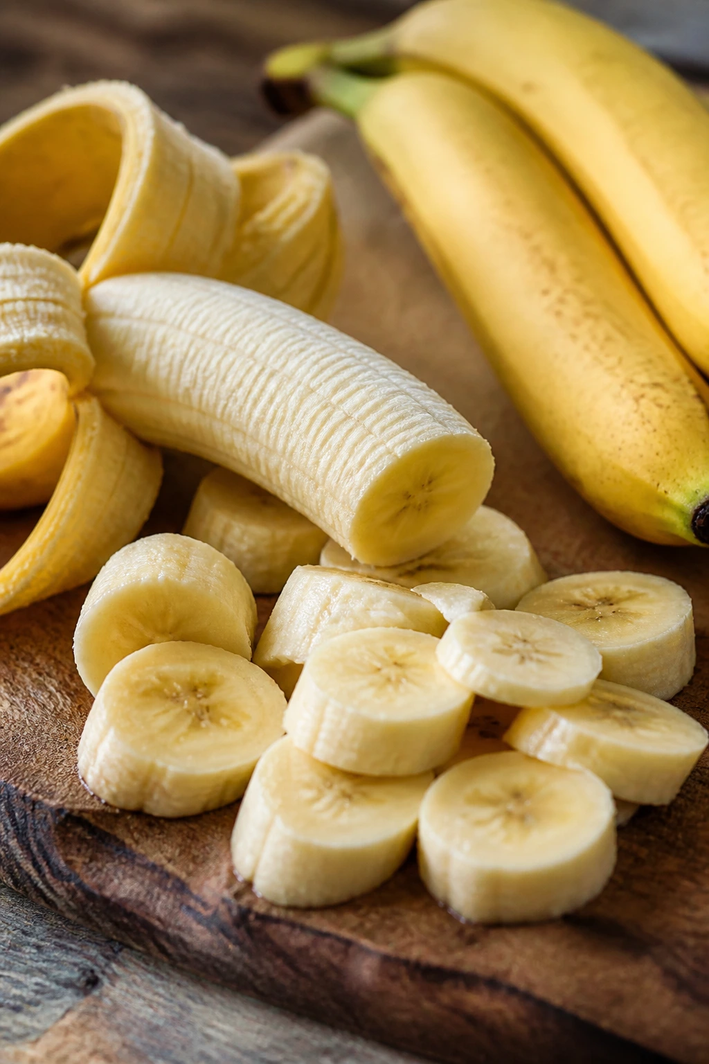 Can Guinea Pigs Eat Bananas And Banana Peel? 1 Close-up of peeled ripe bananas on a wooden kitchen counter