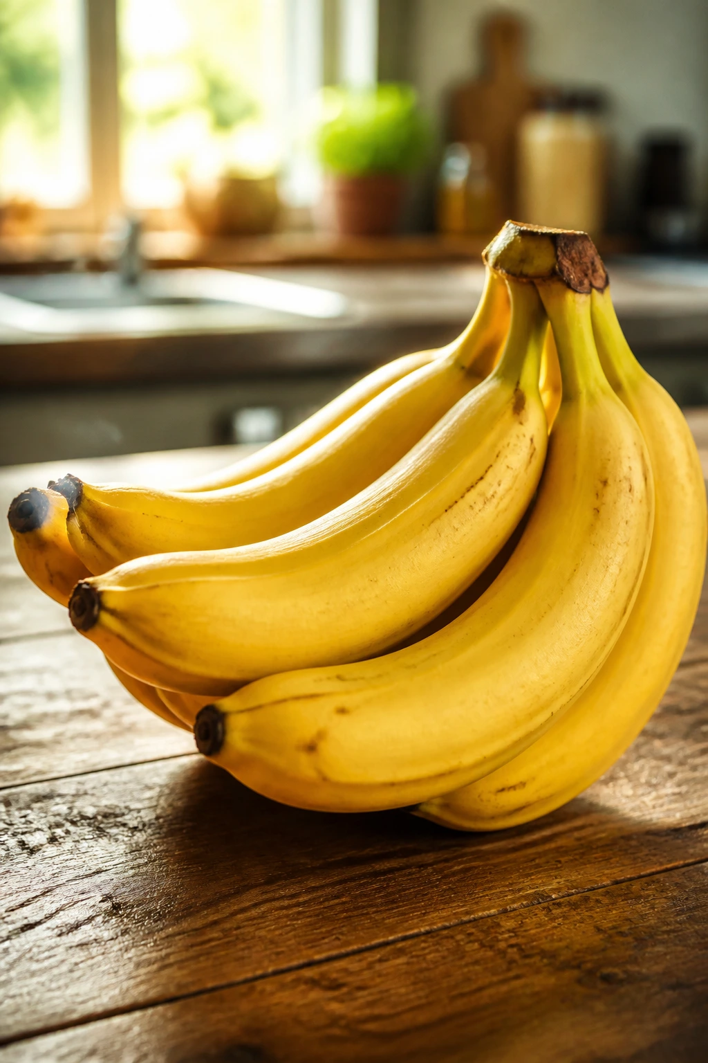 Cramp Relief: Are Bananas Good For Cramps? 4 Close-up of ripe bananas on a wooden kitchen counter in warm light