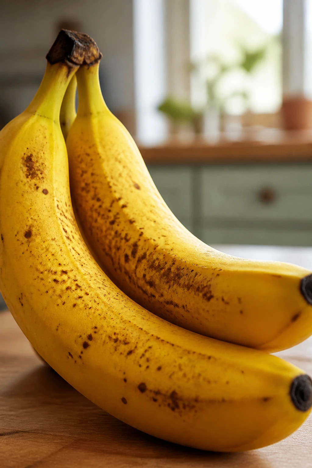 Bananas close-up on a bright kitchen counter in soft daylight