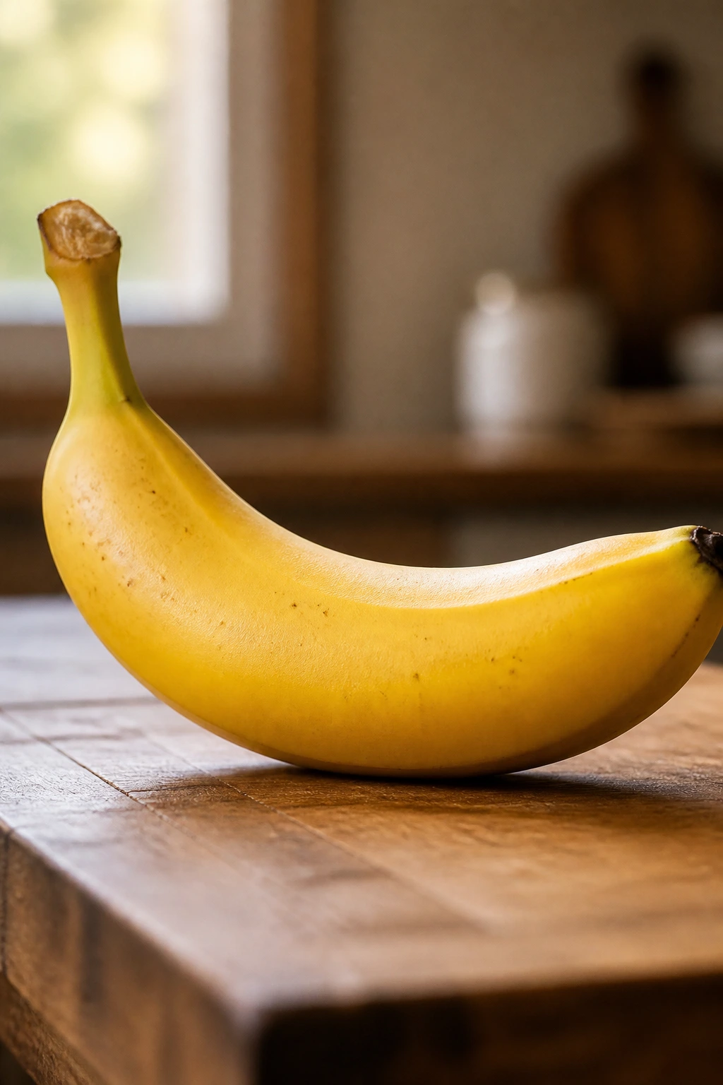 Close-up of a ripe banana on a warm kitchen surface