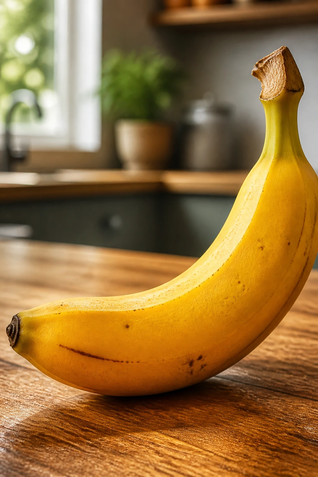 10 Benefits Of Banana To Women Sexually To Be Better In Bed 1 Close-up of a ripe banana filling the frame on a wooden kitchen counter