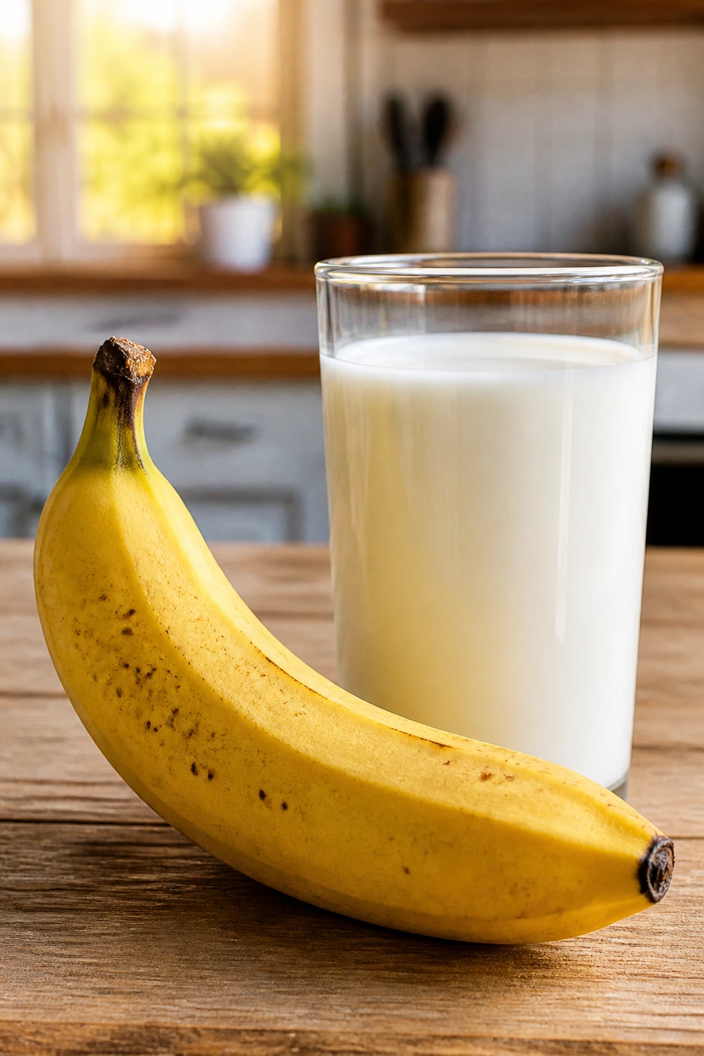 Close-up of a banana and a glass of milk on a warm kitchen counter