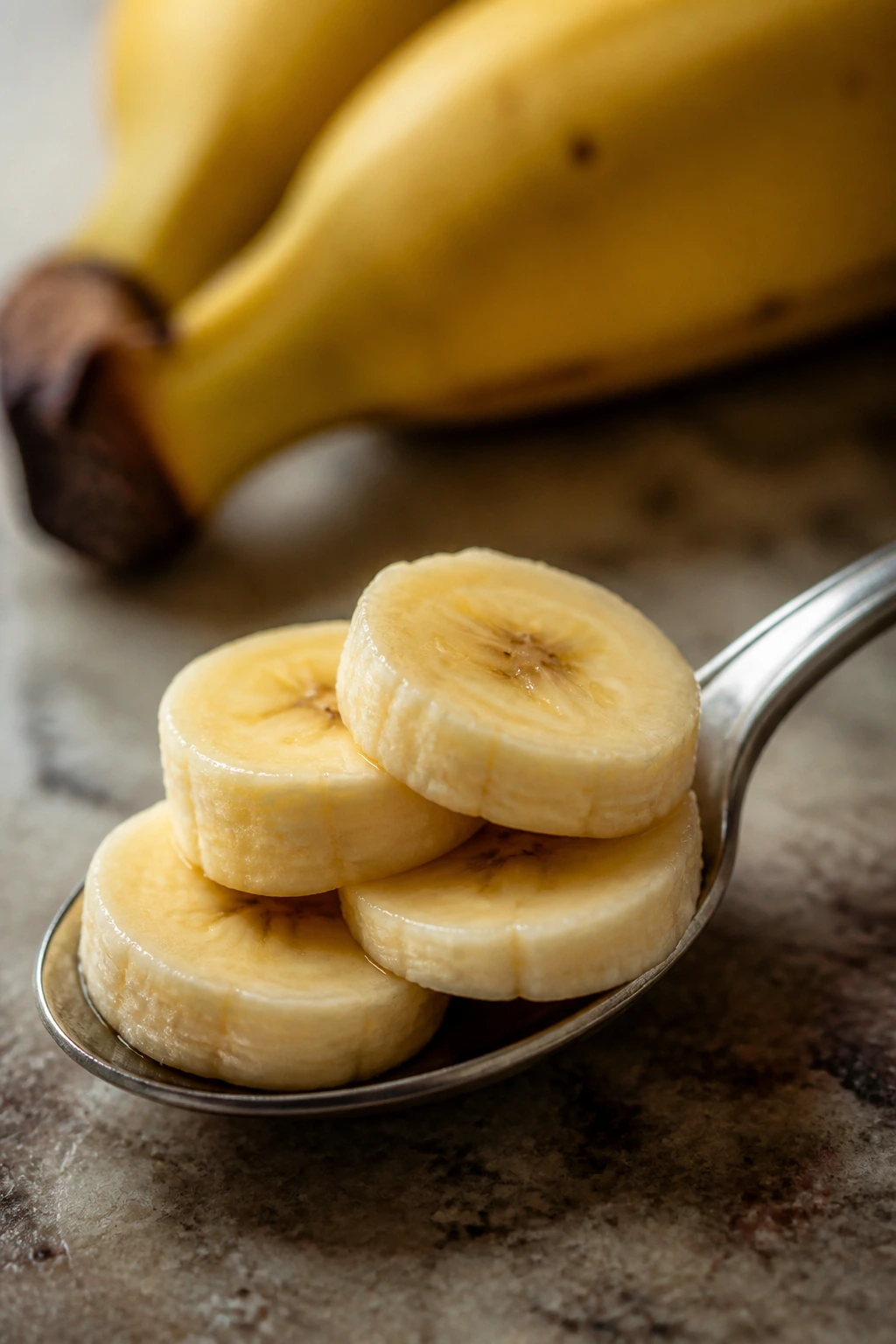 Banana slices on a spoon with soft kitchen lighting