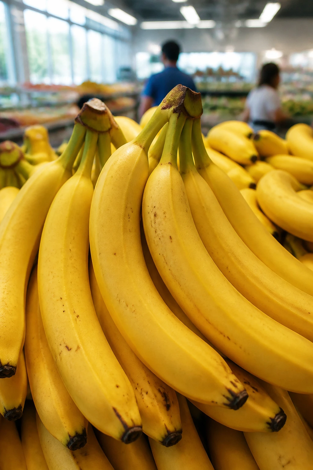 Banana bunch in a modern grocery environment