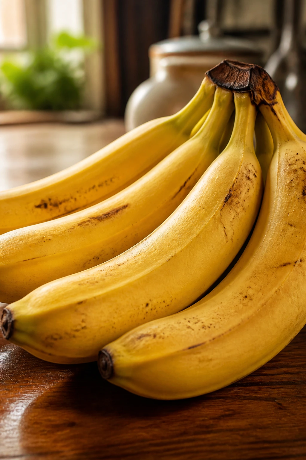 Are Bananas Good For Muscle Growth? What You Need to Know 2 Close-up of a ripe banana bunch on a wooden counter in warm light