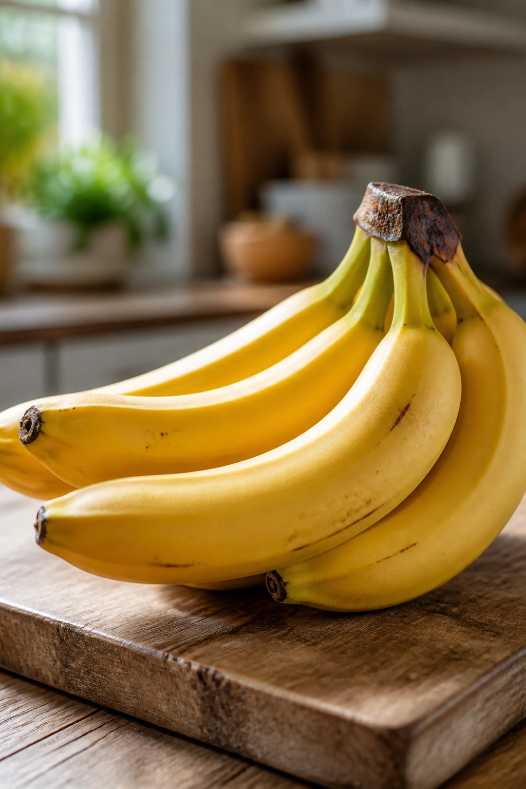 Close-up of bananas on a wooden cutting board in a bright kitchen