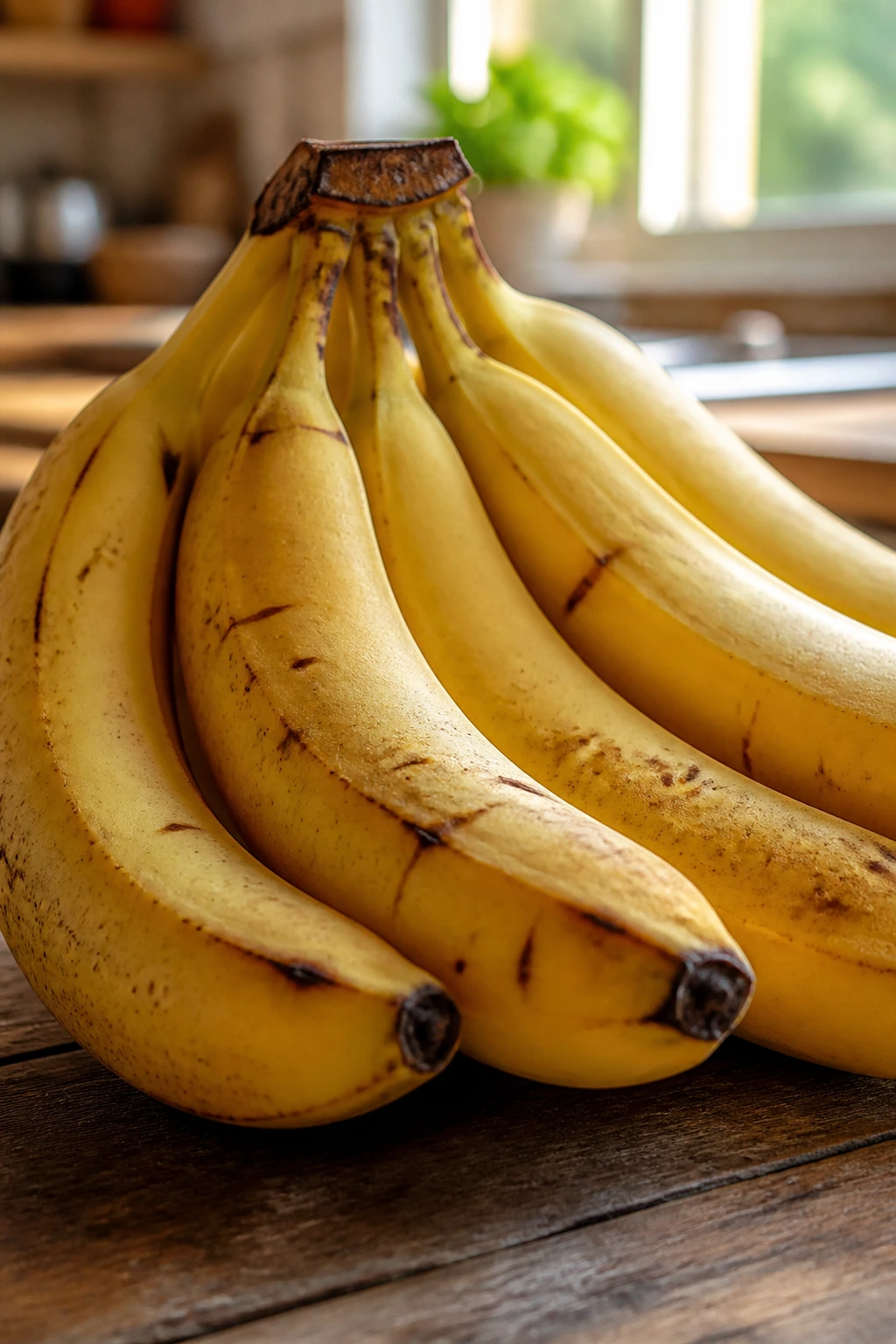 Peeling the Facts: Do Bananas Kill Testosterone Levels? 2 Close-up of ripe bananas on a wooden kitchen counter in natural light