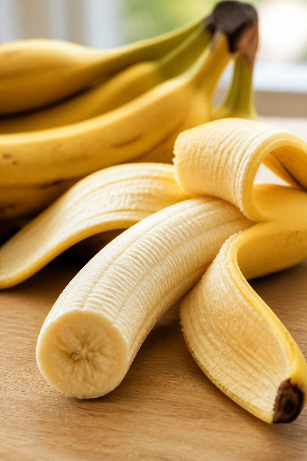 Can Diabetics Eat Bananas? Benefits, Nutrition Value, & Tips 2 Close-up of a peeled banana showing creamy flesh on a wooden surface