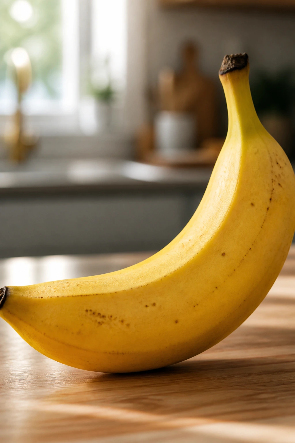 Thyroid-Friendly Fruit: Is Banana Good for Hyperthyroidism? 1 Close-up of a ripe banana on a wooden kitchen counter.