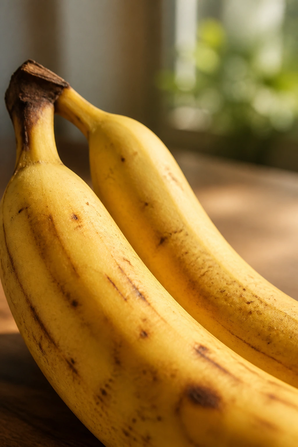 Is Banana Good or Bad for Your Heart? 5 Close-up of two ripe bananas in a sunny kitchen