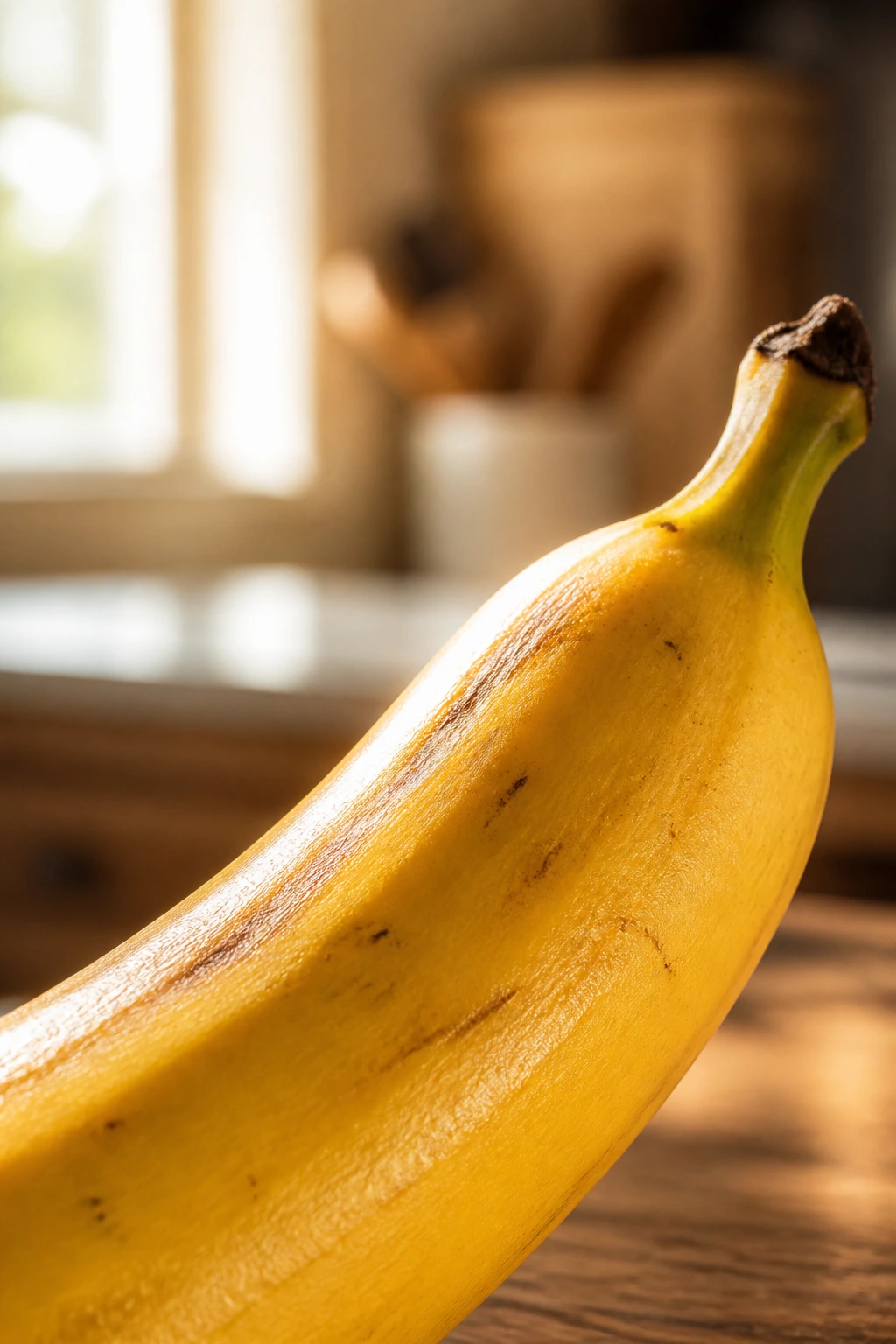 Close-up of a ripe banana on a warm-lit kitchen surface