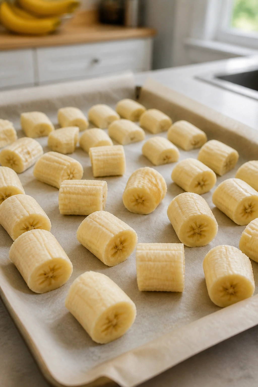 Thawing 101: How To Thaw Frozen Bananas Properly 2 Peeled banana pieces on parchment on a baking sheet ready to freeze