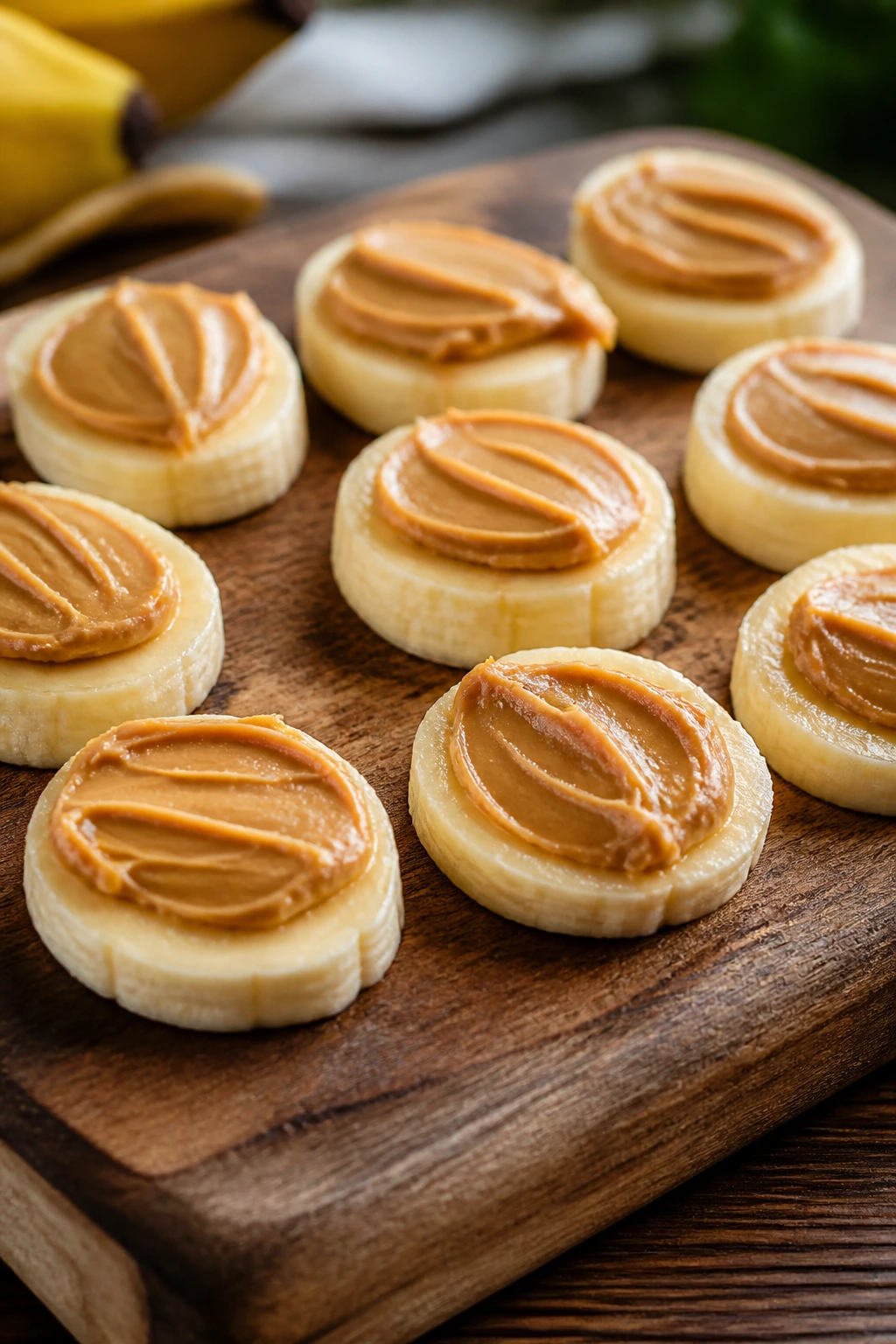 Banana slices with peanut butter on a wooden cutting board, healthy snack ideas.