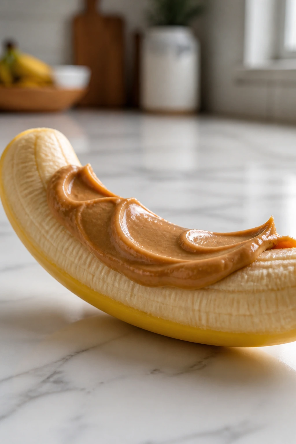 Banana with peanut butter on a kitchen counter, clear and crisp.