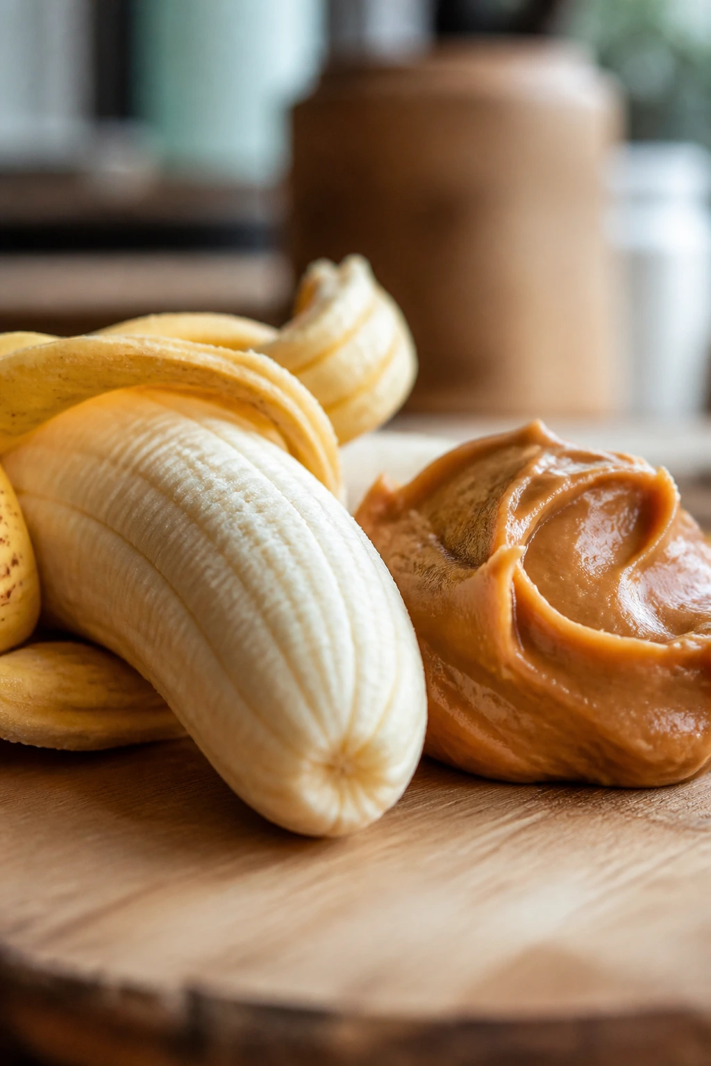 Close-up of a peeled banana and peanut butter on a wooden counter, a healthy snack.