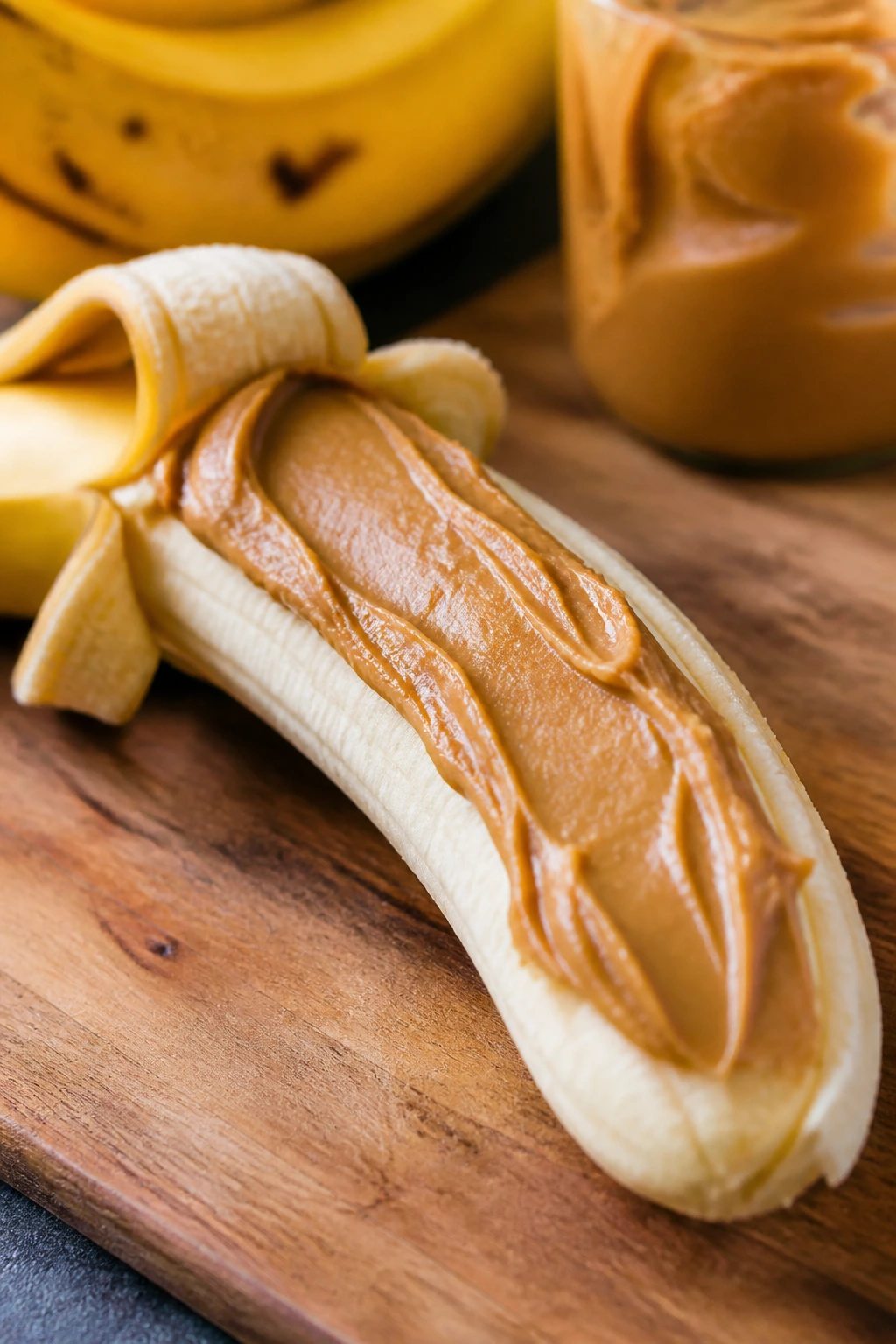 Banana with peanut butter smear on a wooden surface.