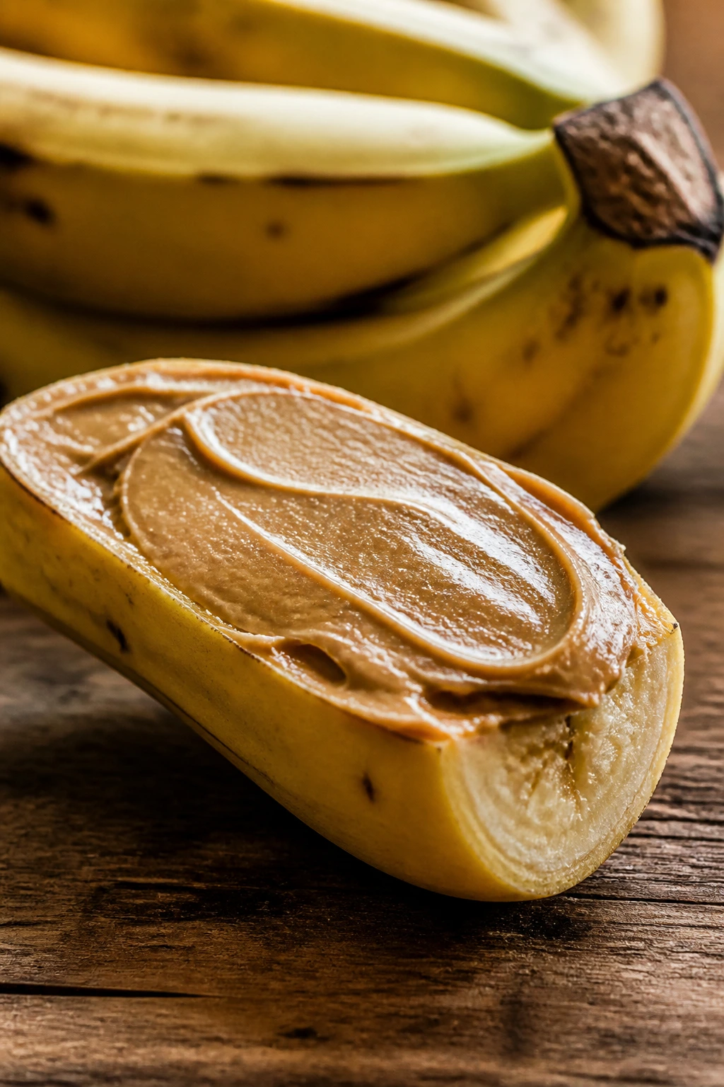 Is Banana and Peanut Butter Healthy? 3 Banana half with peanut butter spread on the cut side on a wooden surface